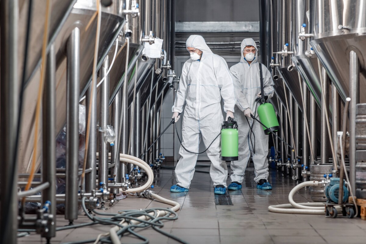 Cleaning and disinfection. two men in protective suits and spray bag work at plant