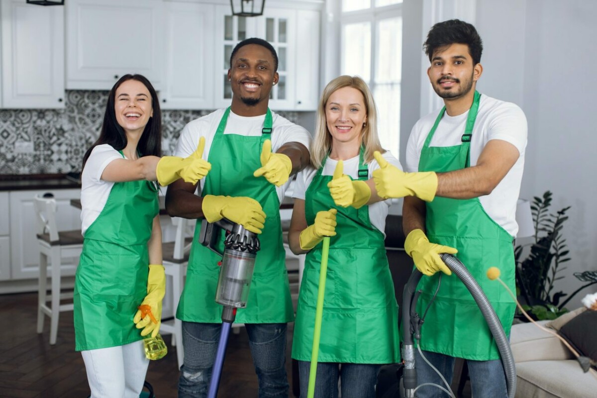 Smiling multiracial team of professional cleaners showing thumbs up to camera.jpg